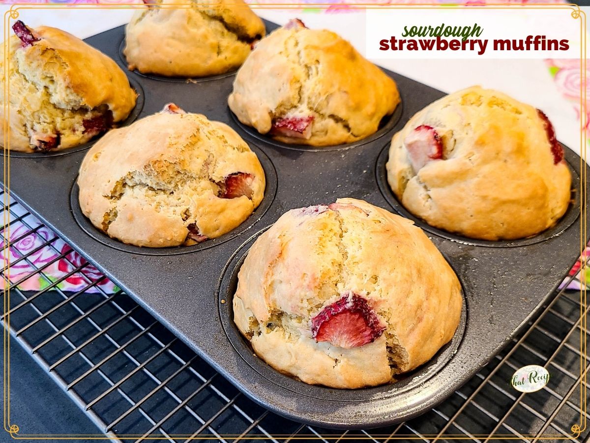 strawberry muffins in a muffin tin with text overlay "sourdough strawberry muffins"