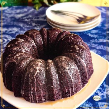 Dr. Pepper chocolate bundt cake on a plate
