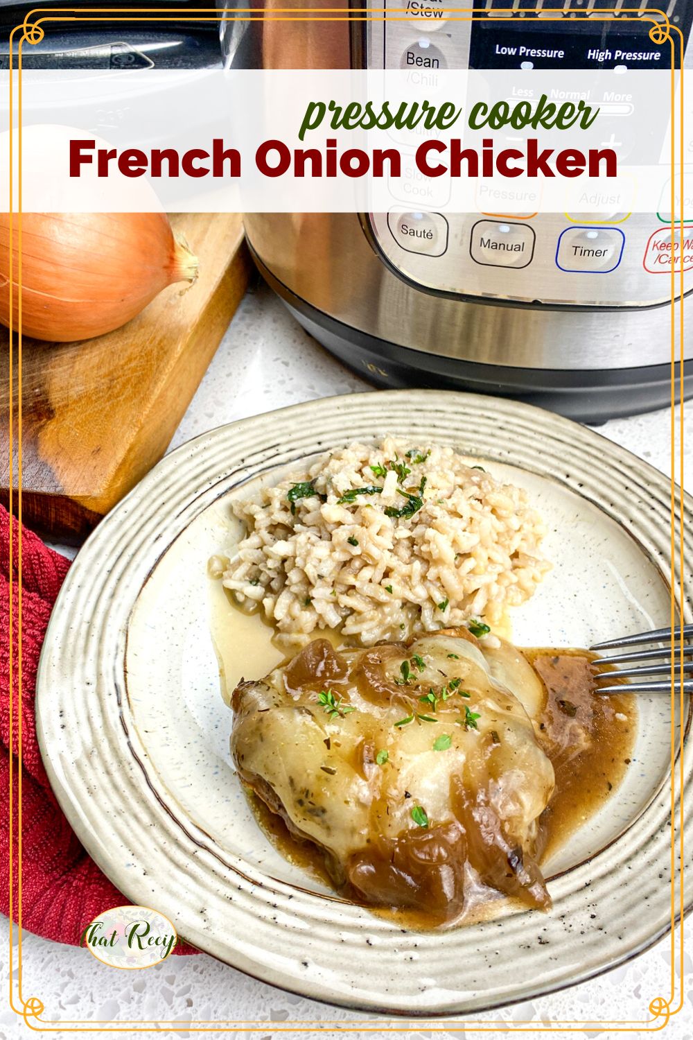 chicken with onion and cheese and text overlay "French Onion Chicken"