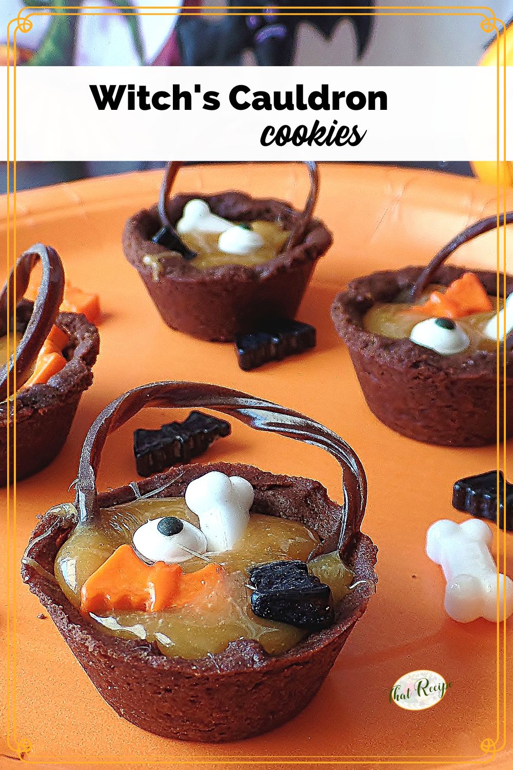 Chocolate Caramel cup cookies with text overlay "witches cauldron cookies"