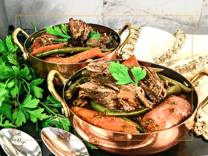 bowls of pot roast with meat and vegetables