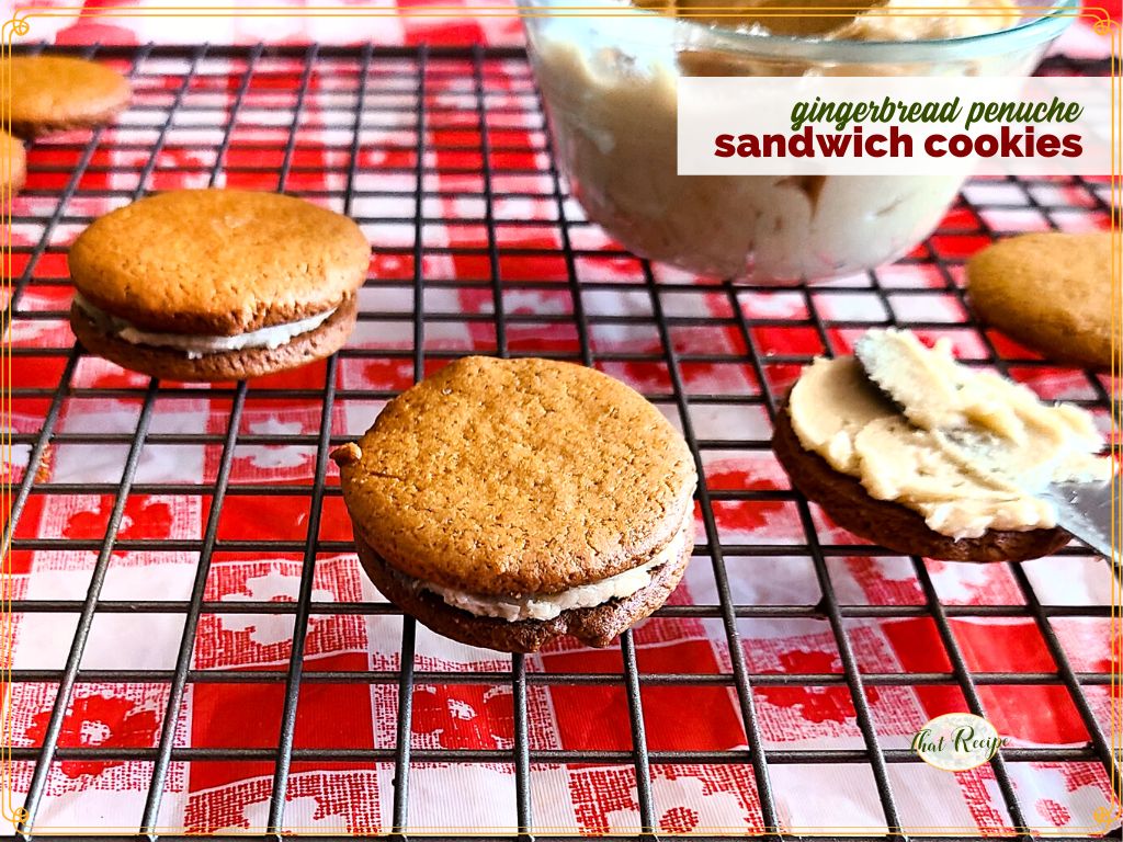sandwich cookies on a rack wth text overlay "gingerbread penuche sandwich cookies"