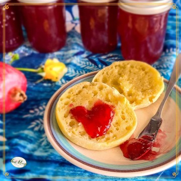 rose pomegranate jelly on an English muffin