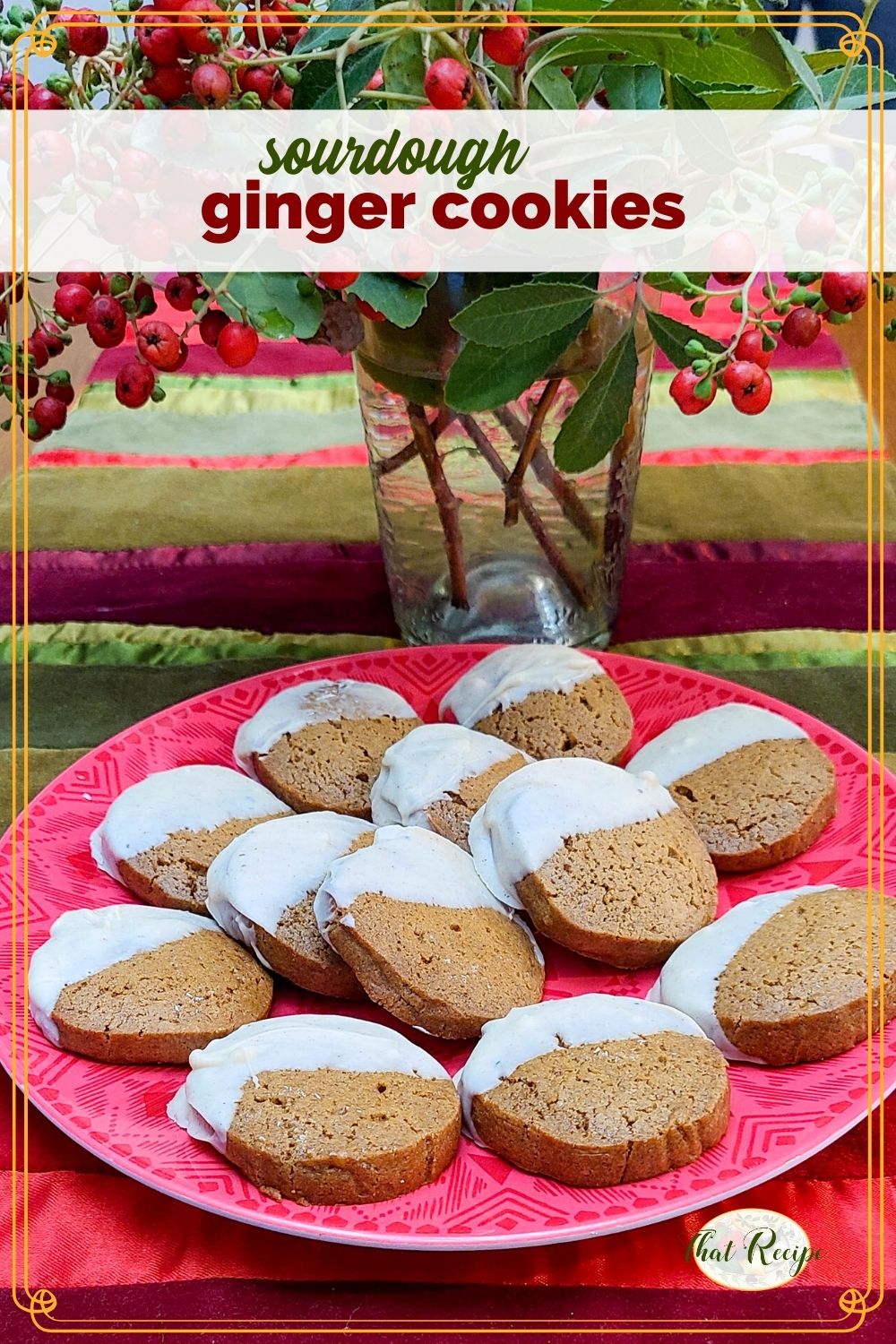 cookies dipped in white chocolate on a plate with text overlay "sourdough ginger cookies"