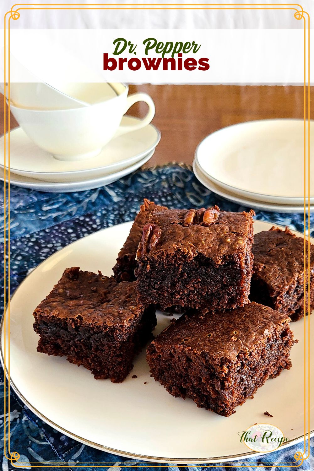 brownies on a plate with text overlay "Dr. Pepper Brownies"