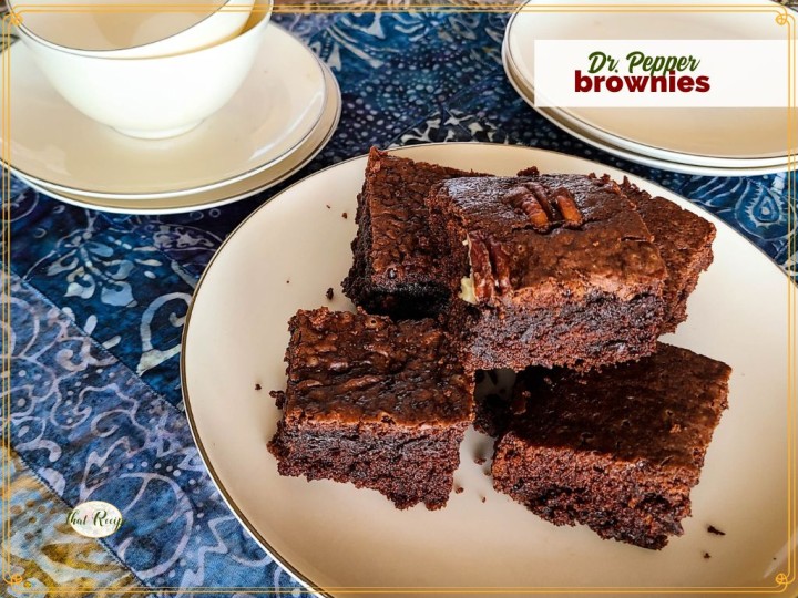 brownies on a plate with text overlay "Dr. Pepper Brownies"