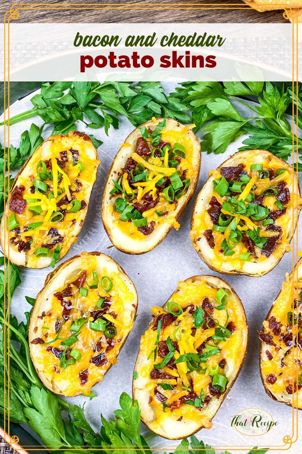 top down view of potato skins with text overlay "bacon and cheddar potato skins"
