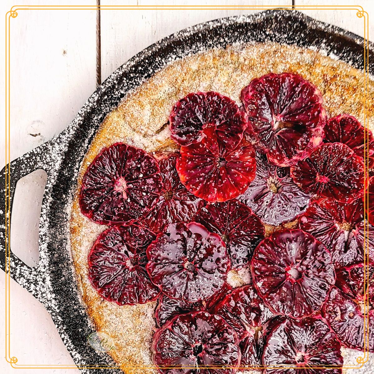 top down view of durch baby pancake in a cast iron skillet topped with blood orange slices and powdered sugar.
