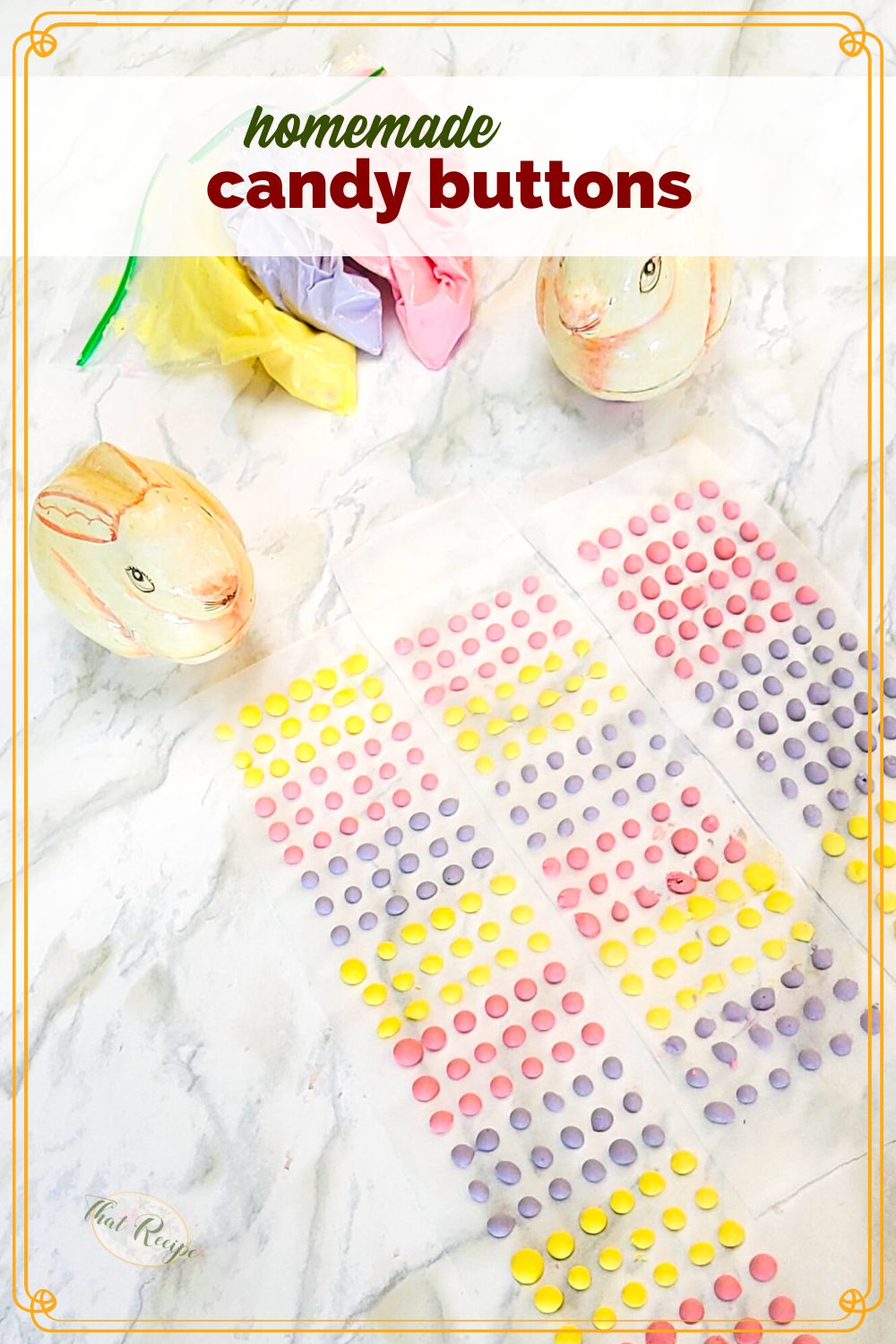 candy buttons (candy dots) with decorative rabbits on a marble background