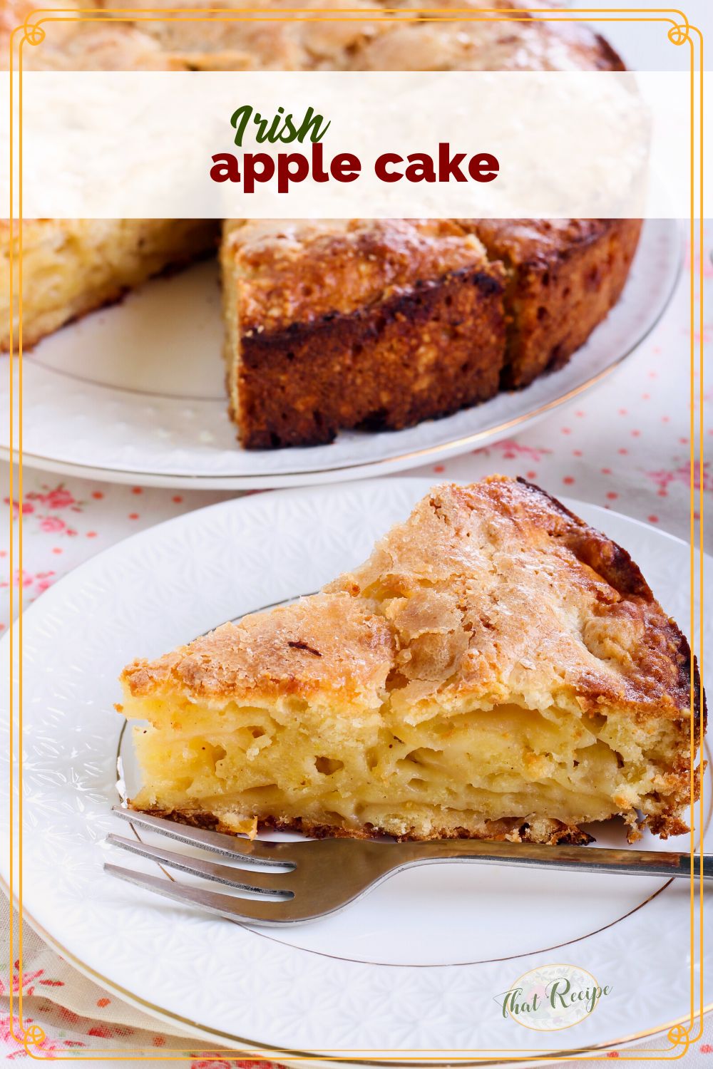 slice of apple cake on a plate with text overlay "Irish Apple Cake