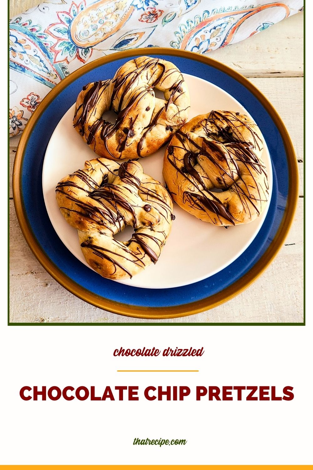 chocolate drizzled chocolate chip pretzels on a plate