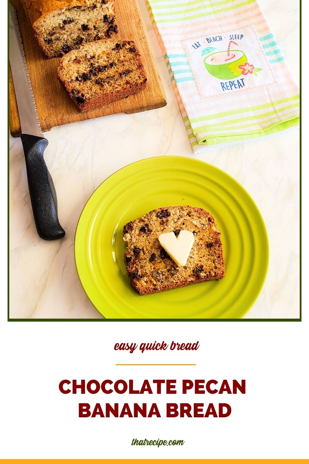 slice of chocolate pecan banana bread with loaf of bread