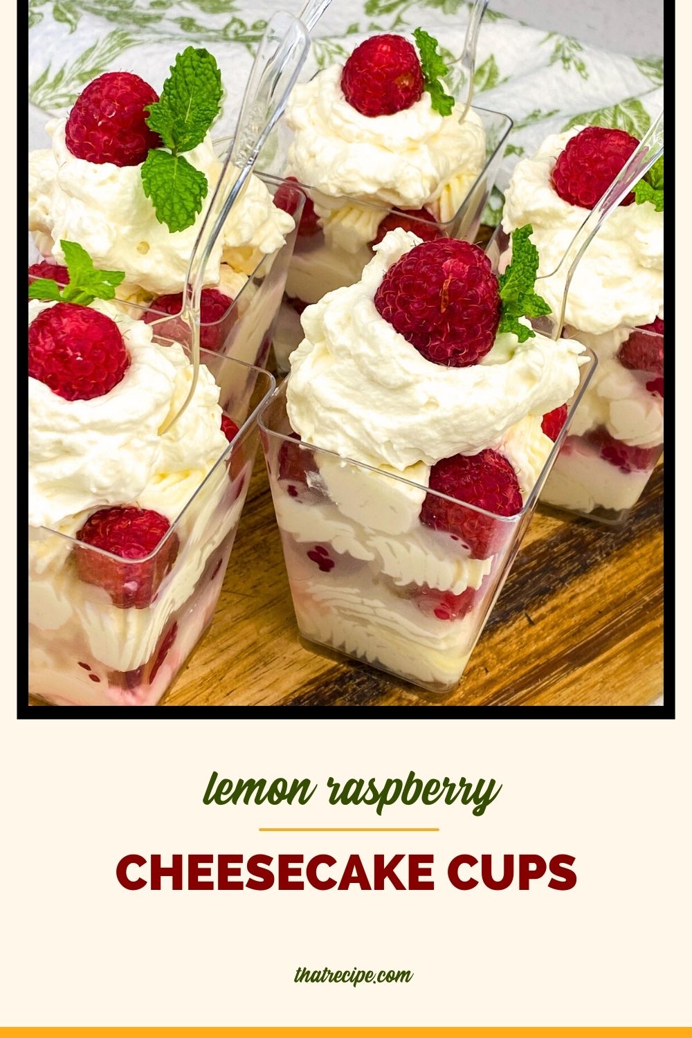 cheesecake cups with text overlay "lemon raspberry cheesecake cups"