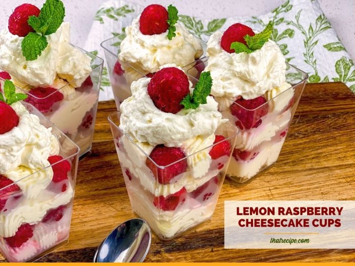 cheesecake cups with text overlay "lemon raspberry cheesecake cups"