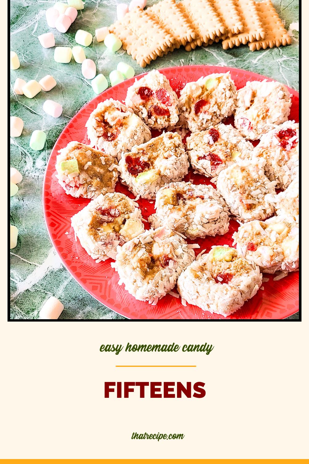 plate of sliced candy rolls with text overlay "easy homemade candy Fifteens: