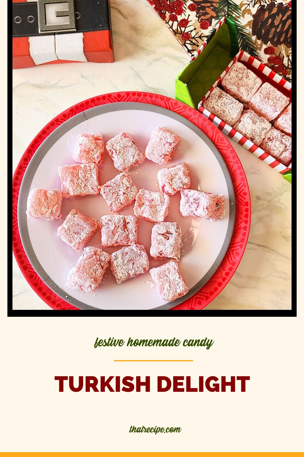 pink candies coated in powdered sugar on a plate with text "Turkish Delight"