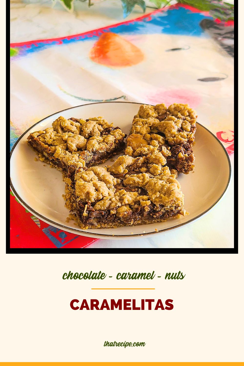 chocolate oatmeal cookie bars on a plate with text overlay "caramelitas"