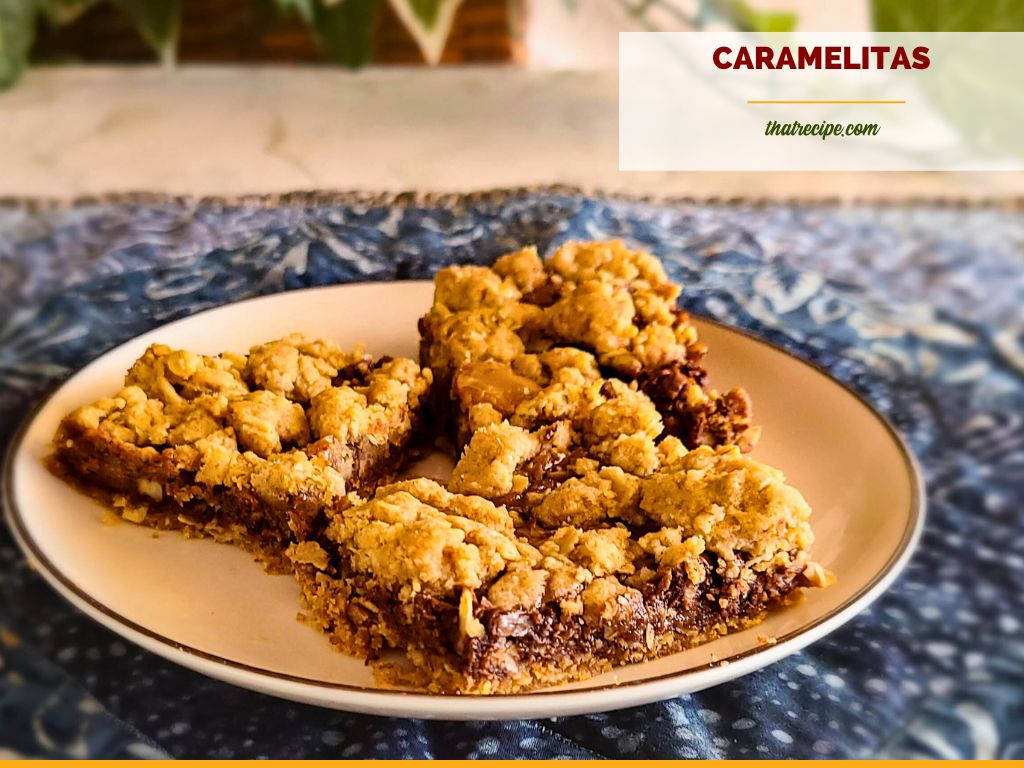 chocolate oatmeal cookie bars on a plate with text overlay "caramelitas"