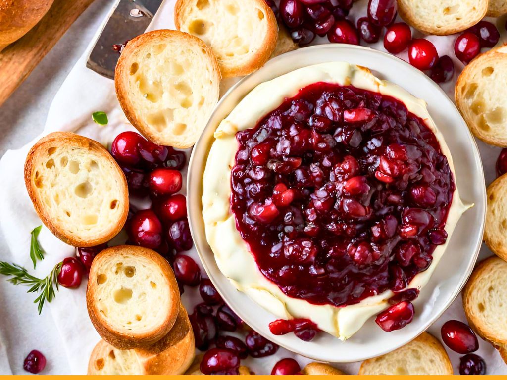 brie topped with cranberry sauce surrounded by bread slices