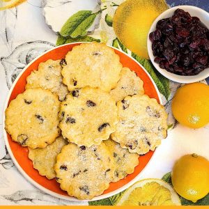 Lemon cranberry cookies on a plate (English Easter biscuits)