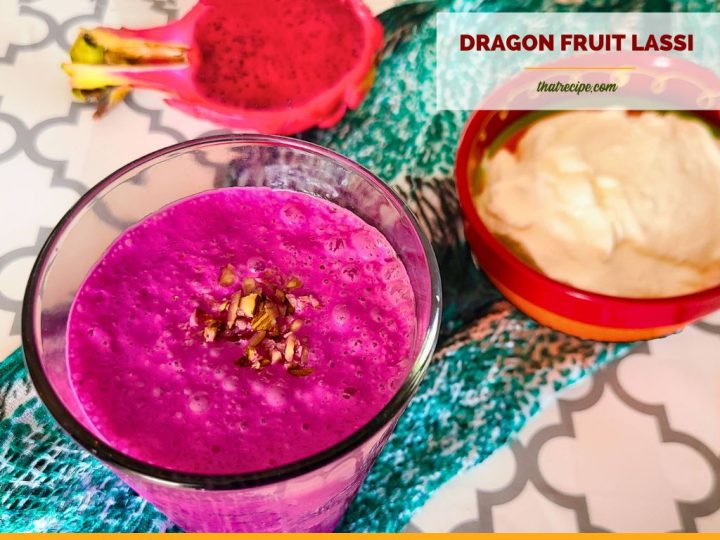 top down view of dragon fruit lassi with half dragon fruit and yogurt