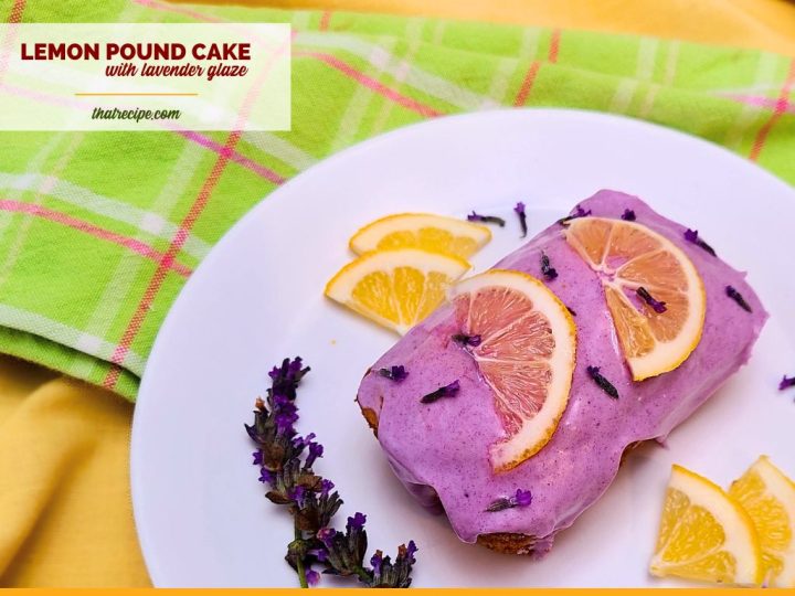 lemon pound cake with lavender glaze on a serving plate