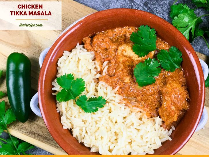 bowl with chicken tikka masala and rice