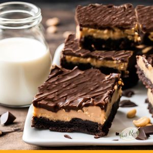 peanut butter dream bars stacked on a plate