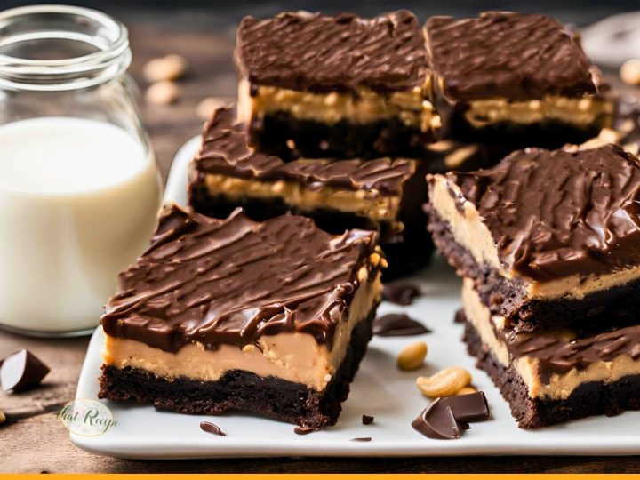 peanut butter dream bars stacked on a plate