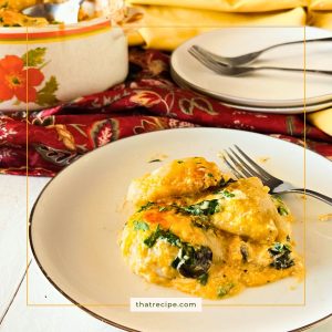 spinach mushroom pierogi casserole on a plate