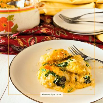 spinach mushroom pierogi casserole on a plate