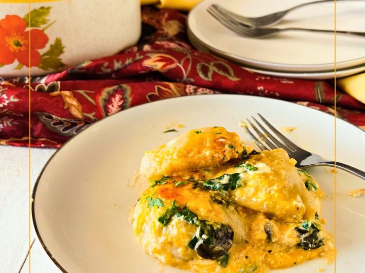 spinach mushroom pierogi casserole on a plate