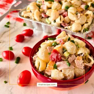turkey club macaroni salad in a bowl