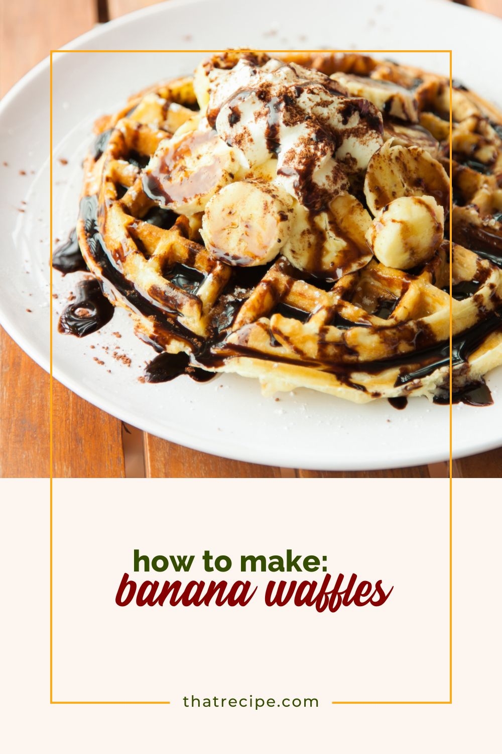 waffles on a plate topped with whipped cream, bananas and chocolate syrup.