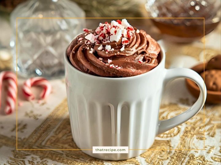 mug of hot chocolate topped with chocolate whipped cream and crushed candy canes