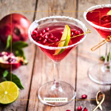 Pomegranate Martinis on a table with fresh pomegranates and limes