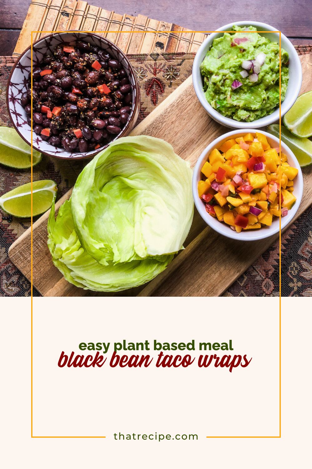 bowls of black beans, guacamole and mango salsa with lettuce leaves