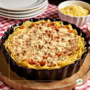 spaghetti pie on a table