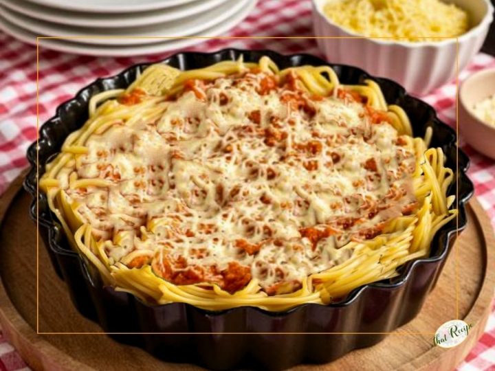 spaghetti pie on a table