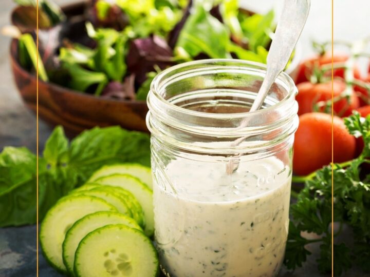 ranch dressing in a jar with a salad