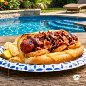 hot dog topped with bacon on a bun