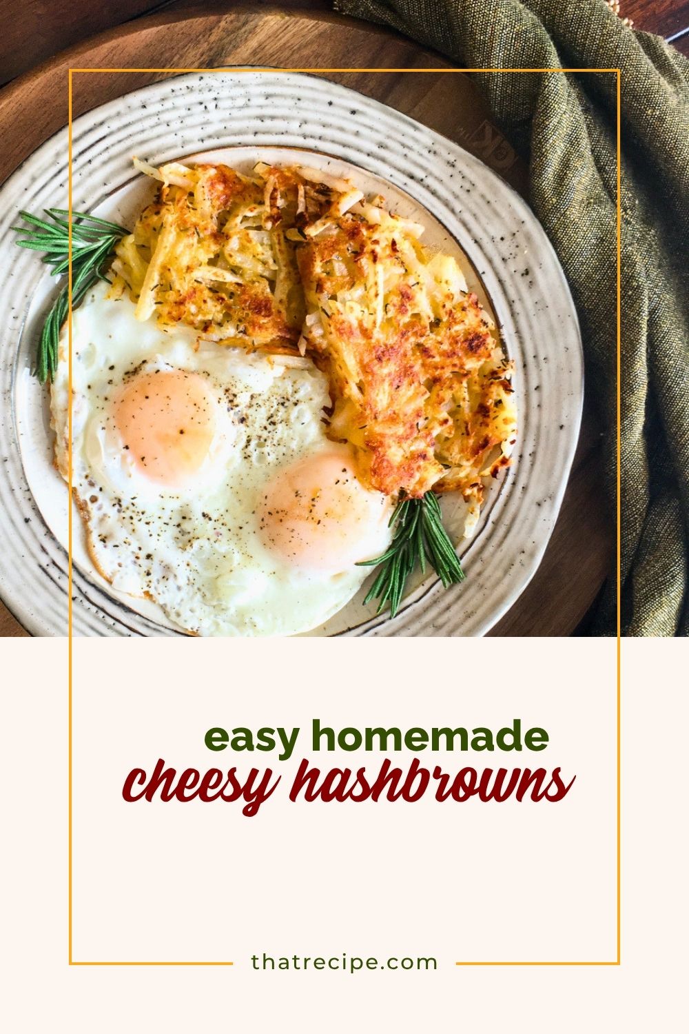 homemade hashbrowns on a plate with two eggs