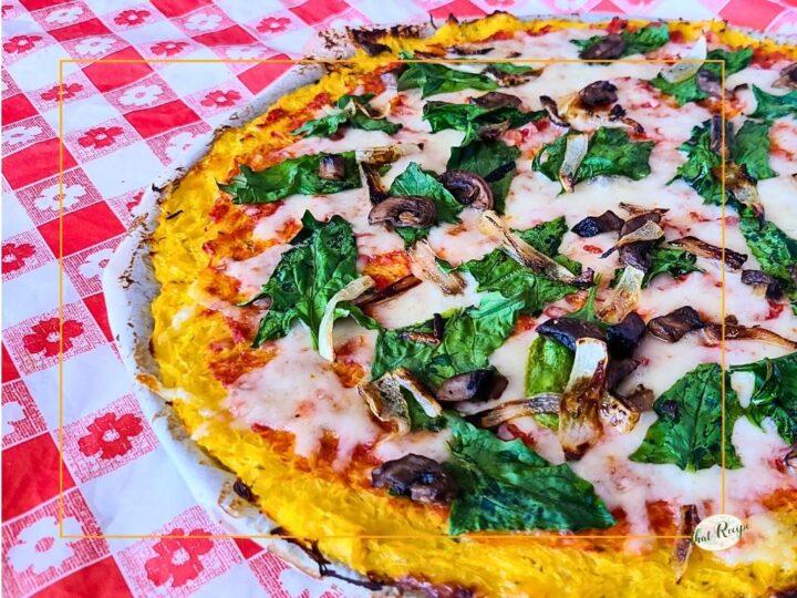 vegetarian pizza made with spaghetti squash pizza crust