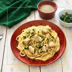plate of crab alfredo pasta